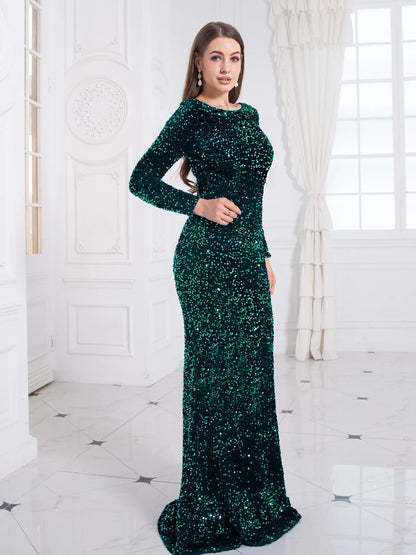 Romagic Elegant Women Modest Stretch Sequin Royal Blue Wedding Prom Gown Long Sleeves Mermaid Formal Evening Party Dress 2025
