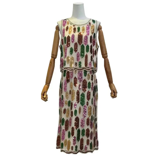 2025 Summer New Beach Holiday Handmade Beaded Sequins Internet Hot O-neck Vest Camisoles Top And Skirt Women's Slim Fit Clothes