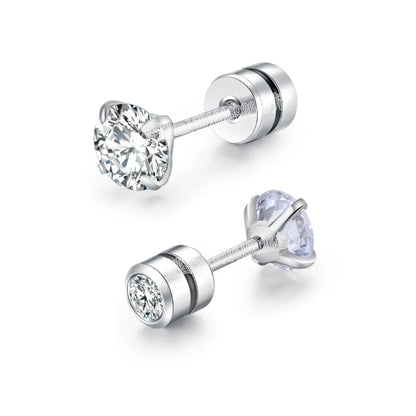 Stainless Steel 5 Style CZ Zircon Silver Color Earrings For Women Men Crystal Screw Titanium Alloy Ear Studs Round Beads Jewelry