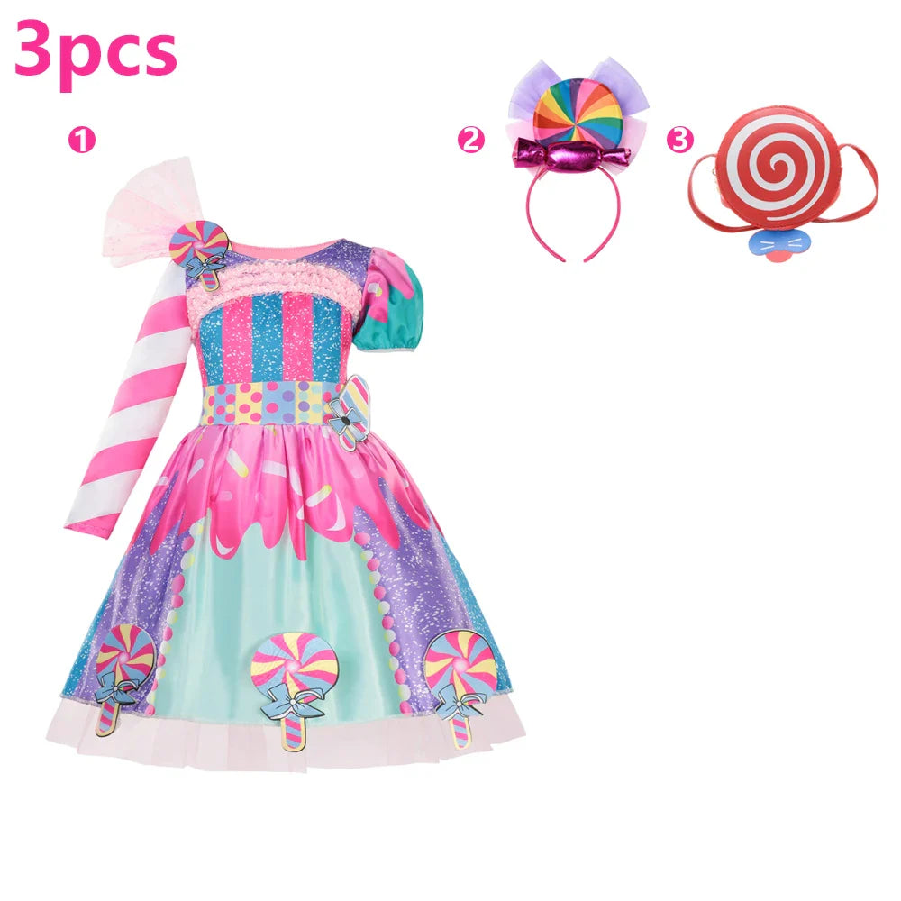 Children's Candy Dress Candy Princess Cosplay Costume Purim Carnival Party Fancy Dress Dress with Candy Hat Suit Prom Costume