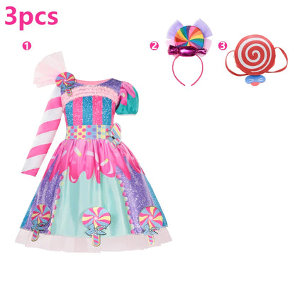 Children's Candy Dress Candy Princess Cosplay Costume Purim Carnival Party Fancy Dress Dress with Candy Hat Suit Prom Costume