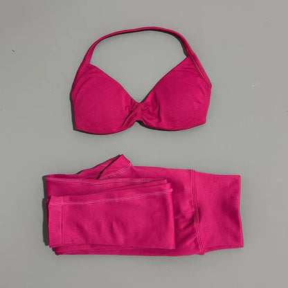 2 Piece Sports Set Women Yoga Backless Halter Bra High Waist Scrunch Seamless Pants Sport Suit Gym Sportswear Workout Set