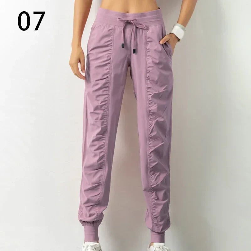 Sweatpants Fabric Drawstring Running Sport Joggers Women Quick Dry Athletic Gym Fitness with Two Side Pockets Exercise Pants