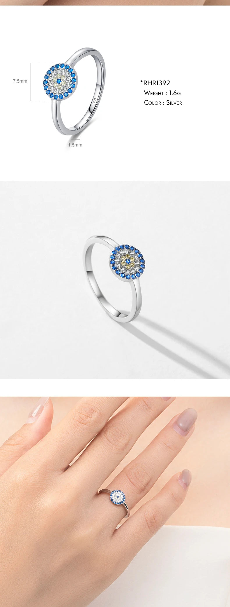 925 Sterling Silver Cute Blue Ghost Eyes Ring Sparkling Clear Cubic Zirconia For Women Fine Fashion Jewelry Birthday Gift