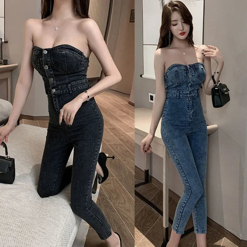 Calça Jeans Feminina de Cintura Alta Sem Alças Efeito Modelador