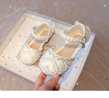 2025Summer Girls Sandals With Heel Fashion Rhinestone Shiny Glitter Shoes Children Princess Bowtie Pearl Dancing Shoes