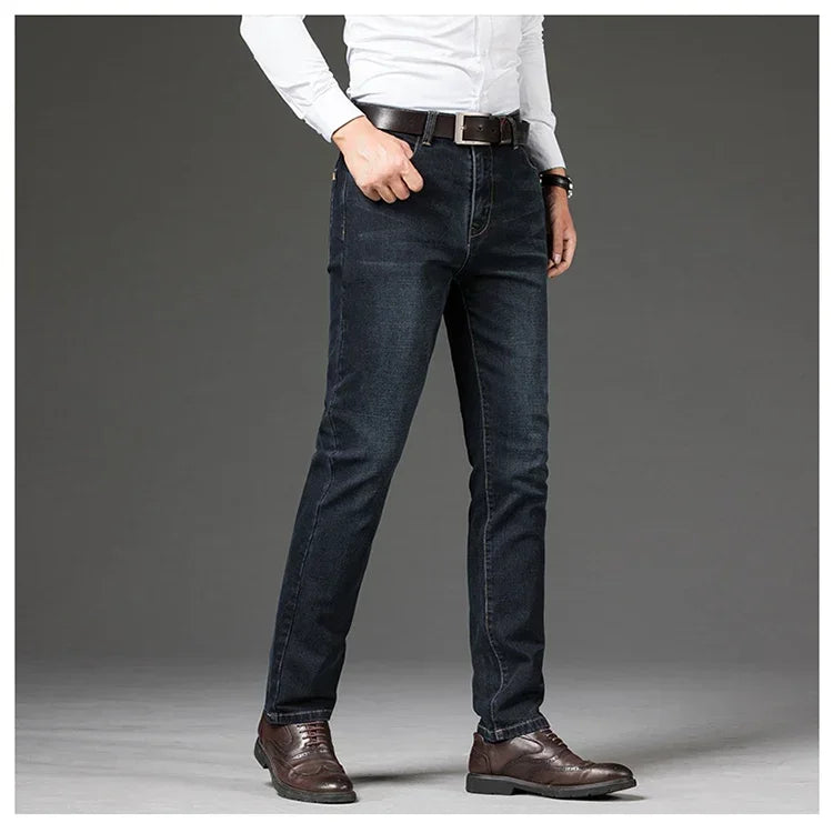 Tamanhos Grandes 40 42 44 46 2025 Nova Calça Casual Social Elástica Calça Jeans Azul Clássico Masculina Calça Jeans Solta Reta Masculina