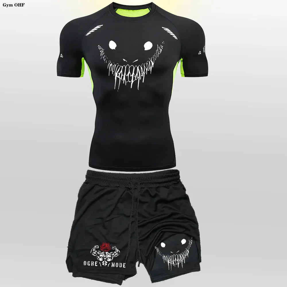 Funny Face 2 in 1 Shorts T Shirt Suits Men's Fitness Breathable Second Skin Compression Shirts Sets Gym Double Deck Shorts