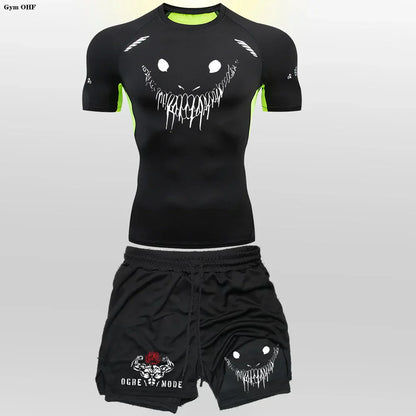 Funny Face 2 in 1 Shorts T Shirt Suits Men's Fitness Breathable Second Skin Compression Shirts Sets Gym Double Deck Shorts