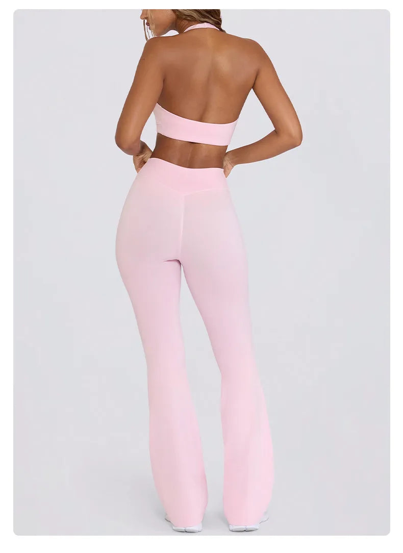 Women's Yoga Suits Camisole Backless Nude Beautiful Back Neck Hanging Bra Flared Pants Fitness Set