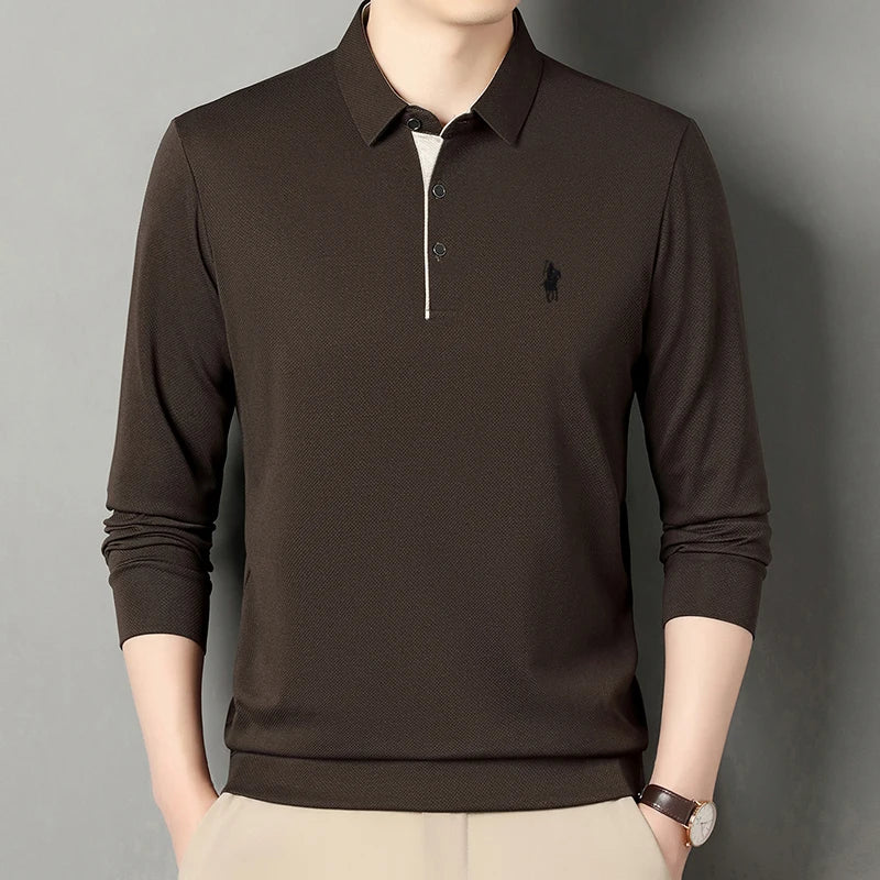2025 Latest Autumn New Men's Long Sleeve Polo Shirt Middle Aged Business Comfortable Solid Color Men's Collar T-shirt