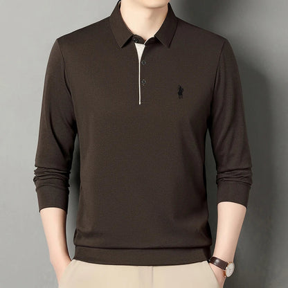 2025 Latest Autumn New Men's Long Sleeve Polo Shirt Middle Aged Business Comfortable Solid Color Men's Collar T-shirt
