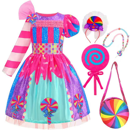 Girls Candy Fairy Lollipop Cosplay Costume Toddler Carnival Purim Rainbow Vestidos Girls Birthday Party Long Short Sleeves Dress
