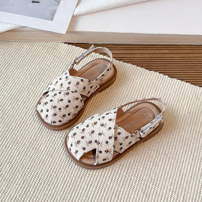 Girls Princess Floral Sandals New Summer Cross Strap Children Beach Shoes Non-Slip Breathable Kids Flat Sandals School Perform