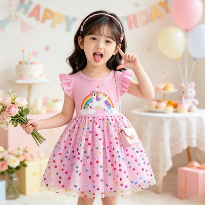 2026 Korean Style Girls Summer Unicorn Print Dress Short Sleeve Tulle Princess Gown Kids Casual Party Clothes for South Korea