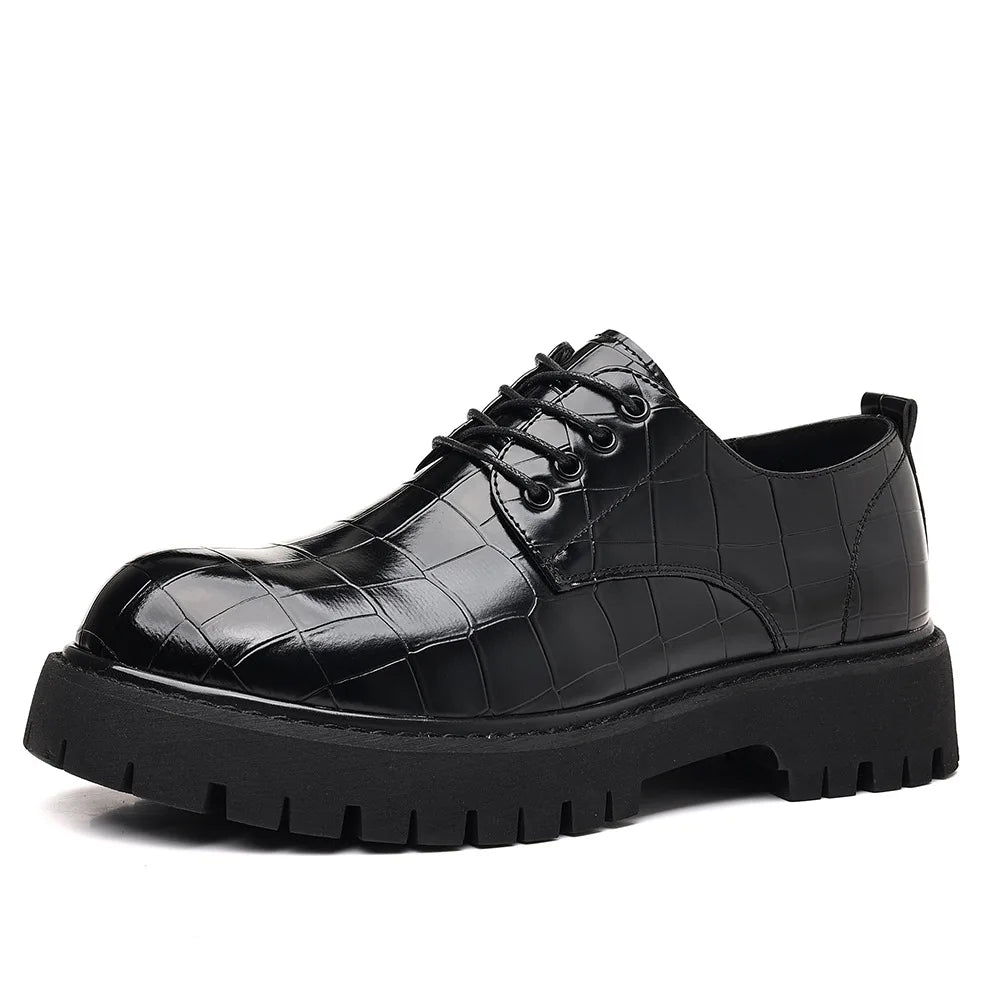 Business Formal Big Head Leather Shoes Men Spring Autumn Fashion Platform Shoes Male Lace Designer Stone Pattern Dress Shoes Man