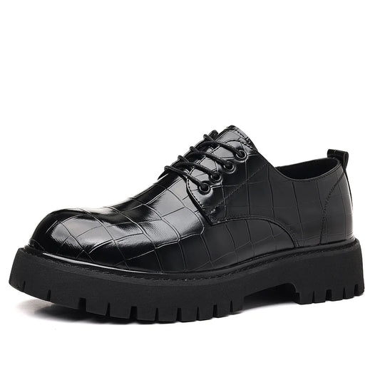 Business Formal Big Head Leather Shoes Men Spring Autumn Fashion Platform Shoes Male Lace Designer Stone Pattern Dress Shoes Man