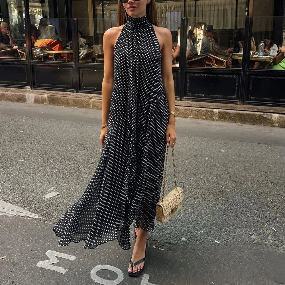 Halter Scarf Dot Print Dress Women Sleeveless Backless Chiffon Holiday Dress Fashion 2025 Summer Loose Beach Dress