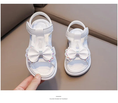 Girl Sandal Kid Summer Elegant Bling Rhinestone Party Princess Beach Shoes Cute Bowknot School Shoes for Kids Flat Heel F05201