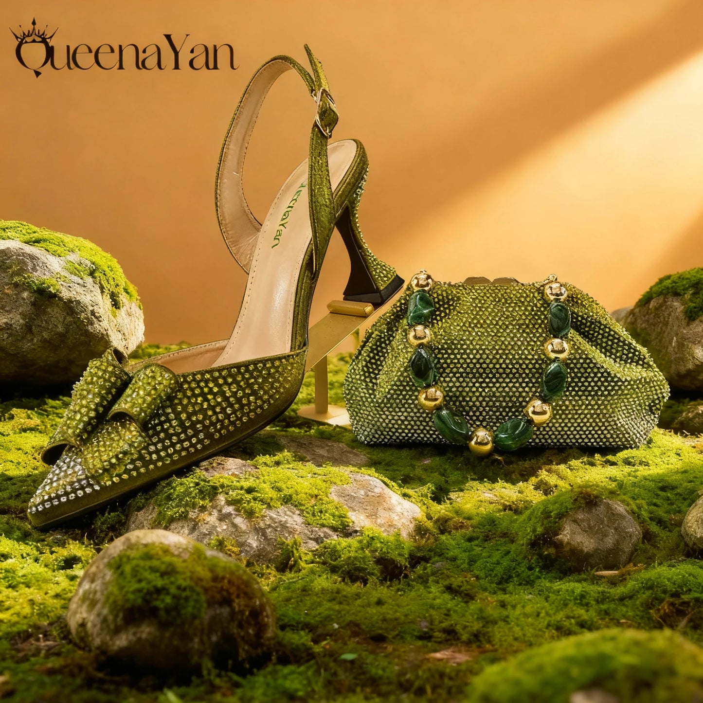 Italian Fashion Pointed Toe Women High Heel Shoes Mixed Color Effect Rhinestone Decoration Shoes And Bag Set