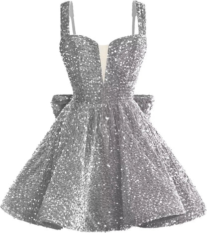 Sparkly Sequin Homecoming Dresses 2026 Short Spaghetti Straps V Neck Cocktail Party Gowns with Bow  Mini Dress Graduation Dress