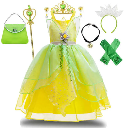 Fairy Tale Princess Costume for Girl Dressy Floral Ball Gown Princess and Frog Cosplay Tiana Halloween Apparel Green Dress 2-10Y