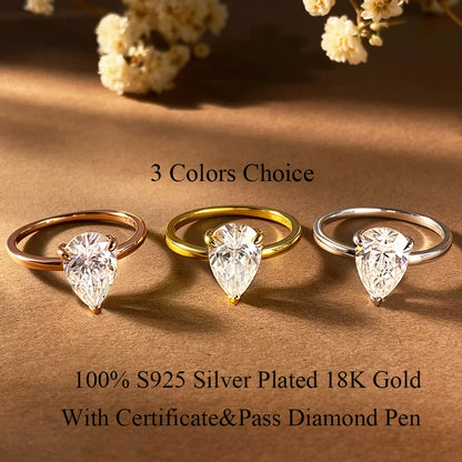 1/2/3/4CT Pear Cut D Color Moissanite Rings/Necklace For Women S925 Silver VVS1 Lab Diamond Waterdrop Pendant Jewely Gift