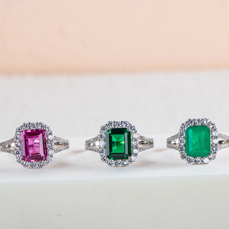 Luxury  sterling silver ring for charm lady with green emerald gemstones wedding fine Jewelry gift size 6-10