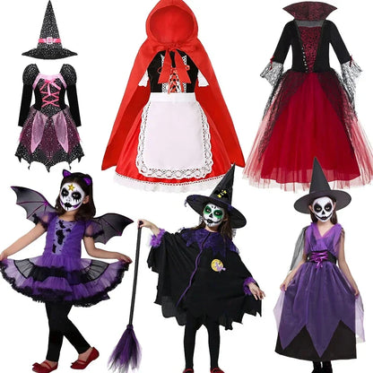 Halloween Costume for Kids Girls Purple Bat Dress Halloween Fantasy Vampire Costume Witch Cosplay Clothes Carnival Party Gifts