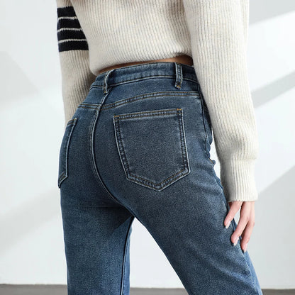 Calças Jeans Femininas de Inverno Quentes de Lã Retrô Elásticas Grossas Confortáveis Retas Modernas Coreanas Casuais de Veludo Denim
