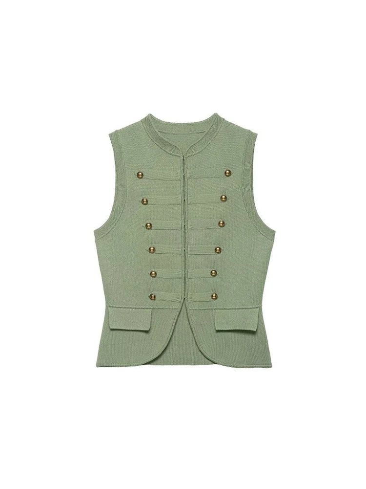 Women Knitting Tank Tops Camis 2026 Summer O-Neck Buttons Solid Sleeveless Female Elegant Street Top Clothing