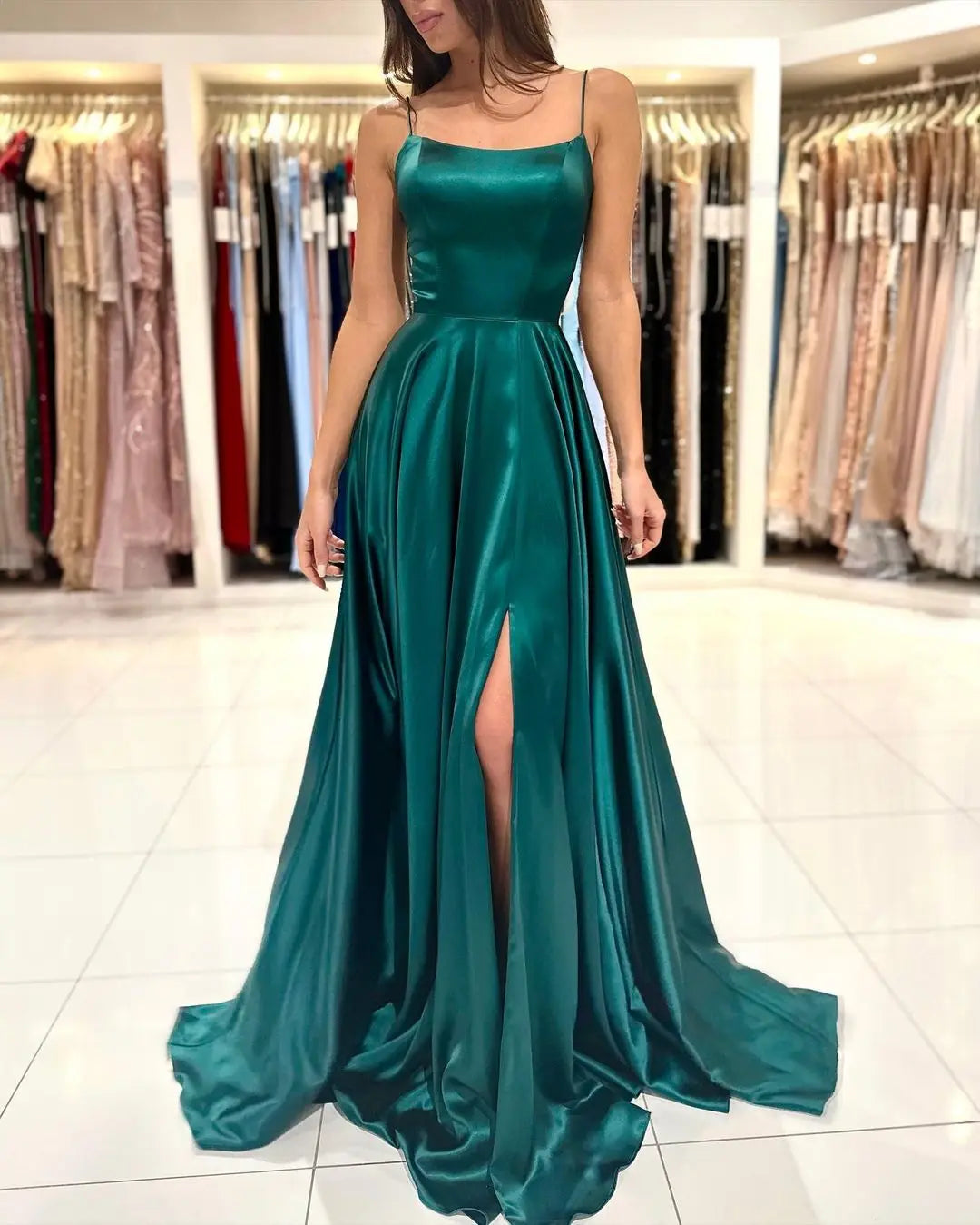 Vestido de Madrinha em Cetim, Estilo Evasê, Fenda, Decote Drapeado, 3 Estilos, com Amarrações, para Eventos Especiais, Vestido de Noite, Vestido de Formatura