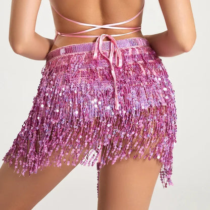 Sexy Sequins Tassel Dancewear Mini Skirt Women Clothes Jupe Femme Belly Dance Skirts Ladies Faldas Performance Stage Bottom Saia