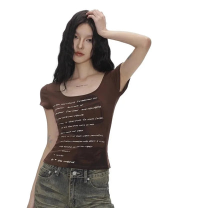 Summer Women Retro Sweet Spicy Skinny Tops Lady Bean Green Casual T-Shirts Girls Letter Portrait Print Short Sleeve Clothes
