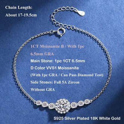 Round Shape 0.5/1CT D Color Moissanite Diamond Link Bracelet for Woman 925 Silver Plated 18k Adjustable Chain Bracelets