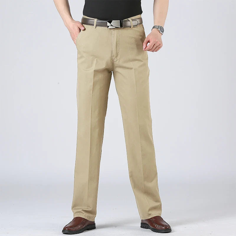 Cotton Pants Men's Straight Leisure Business Trousers Solid Autumn Winter Chinos Belted Pants Dad Elderly Formal Trousers
