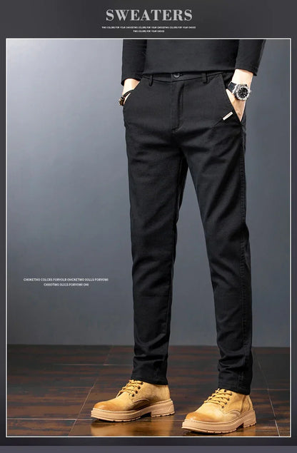 Men's Twill Slim Pants Business Straight Cotton Casual Trousers Brand Fashion Korean Elastic Coffee Black Gray Pant
