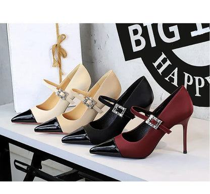 Banquet High Heels Thin Heels Light Mouth Color-Blocked Pointed Toe Rhinestones One-Strip Ultra High Heels Single Shoes Elegant