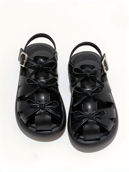 Kids'Casual Shoes Sandals PU Leather Bow Fashion Summer Shoes For Girls Hook and Loop Anti-slip Silver Black Shoes Size 26-36