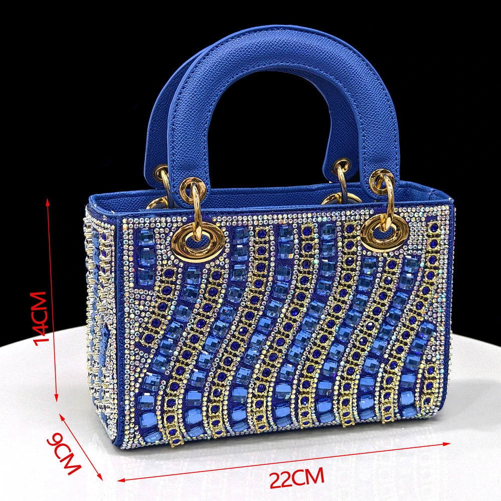 New Design Specials Italian Women Shoes and Bag Set Blue Color Comfortable Low Heels With Rhinestone