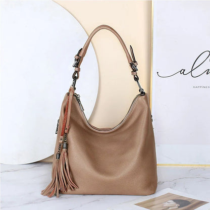 Fashion Tassel Women Shoulder Bag 100% Genuine Leather Daily Shopping Hobos Classic Large Red Tote Handbag Crossbody Bag