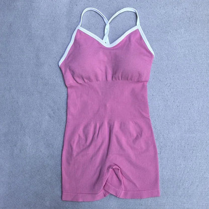 Summer Seamless Yoga Jumpsuit Women Gym Set Spaghetti Strap Leisure Workout Gym Shorts Padded Bra One-piece Fitness Bodysuits
