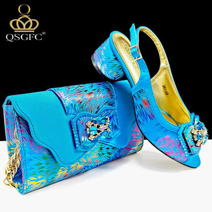 Italian Design Color Matching Rhinestone Comfortable High Heel Shoes And Bag Fashion Style Pointed-Toe Shoes For Women