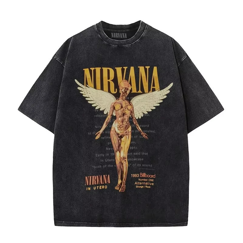 Nirvana rock band men's Retro cotton Washed Tee In Utero album man Women's oversized Y2K distress Tshirt Casual Loose streetwear