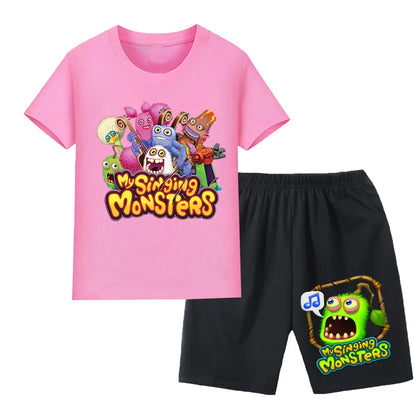 Summer Kids Cartoon Print Sport Clothing Suit Monsters Boys Casual Outfits Children Breathable T Shirt Pocket Shorts 2 Piece Set