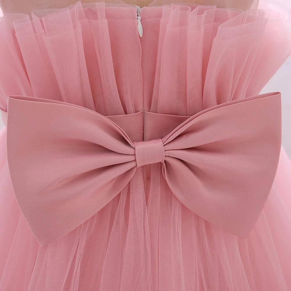 Summer Ruffles Bridesmaids Party Girls Dress Elegant Bow Wedding Birthday Princess Dresses Girl Tulle Pageant Evening Costumes