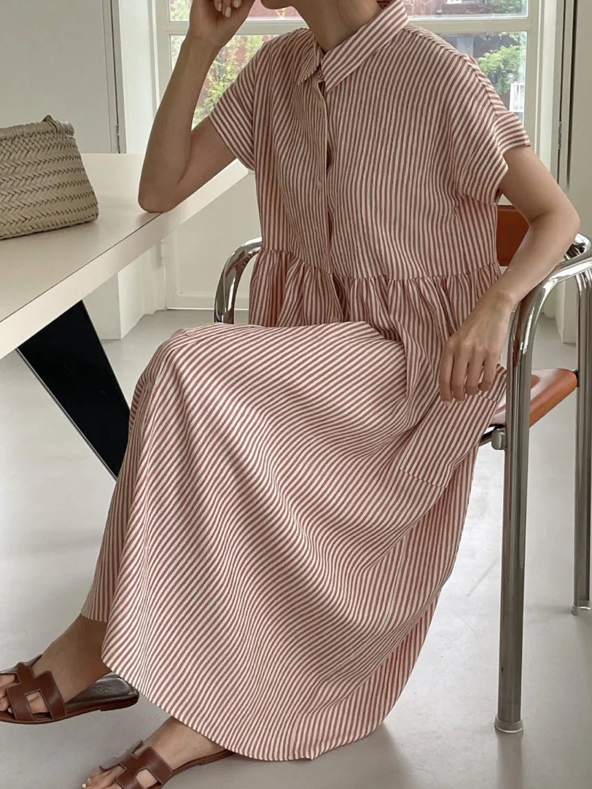 Summer Vintage Striped Single Breasted Women's Shirt Dresses 2024 New Korean Casual Straight Dress Pockets Female