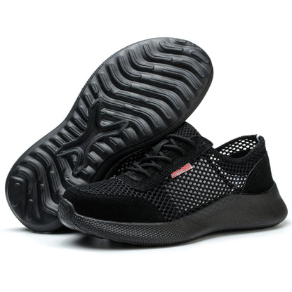 Men's Summer Steel Toe Safety Shoes Anti-Crush And Piercing Breathable Lightweight Outdoor Pure Black Work Shoes