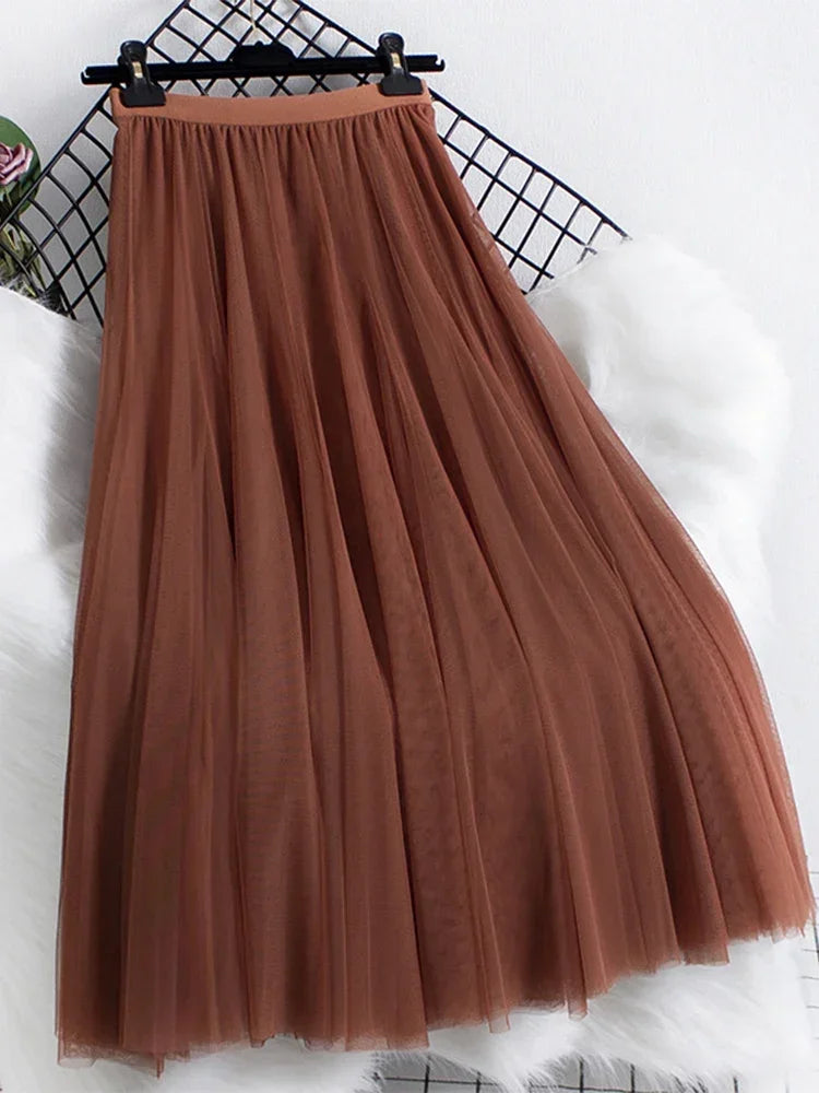 New large hem chiffon long skirt for women's Korean casual simple solid color three-layer A-line high waisted long skirt