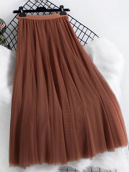 New large hem chiffon long skirt for women's Korean casual simple solid color three-layer A-line high waisted long skirt